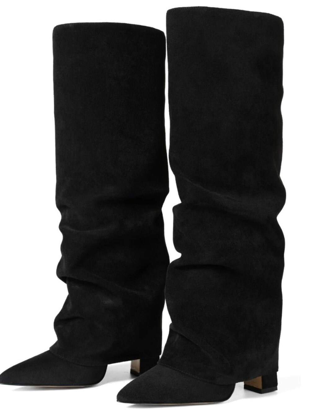 Fold Over Knee High Boots Women Wide Calf Chunky Heel Shark Boots